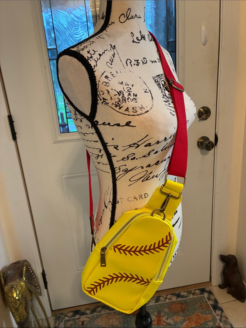 Yellow Baseball Stitch Crossbody Bag with Red Strap